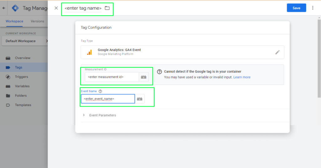 Enter your GA 4 measurement ID, event name, and Parameters